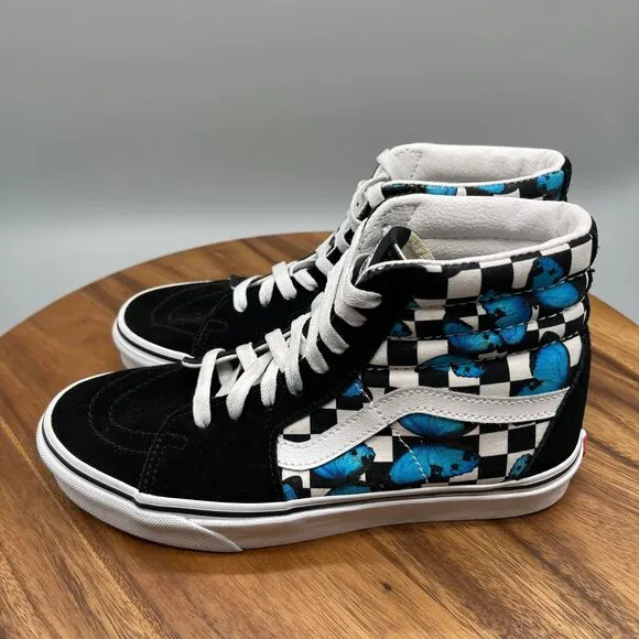 VANS SK8-HI Shoes Womens Size 8 Blue Butterflies Checkered Suede Canvas Sneakers