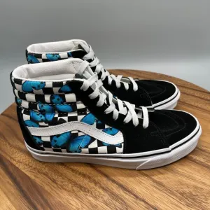 VANS SK8-HI Shoes Womens Size 8 Blue Butterflies Checkered Suede Canvas Sneakers