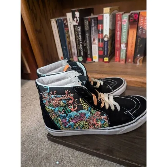 Vans Sk8-Hi Underwater Men’s 9 Coral Reef Black White Skate Shoes Suede &amp; Canvas