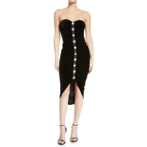Veronica Beard Palo Strapless Ruched Velvet Button Front Midi Cocktail Dress 0