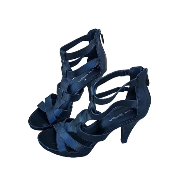 VIA SPIGA Vtg Y2K Caged Gladiator Strappy Heels 40 9 Black Leather Industrial