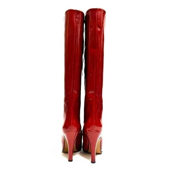 Vintage 1970s cinnamon brown patent leather pull on knee high stiletto boots