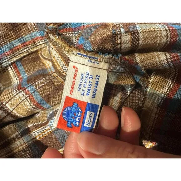 Vintage 1970s Sears Rough House Plaid Pants - Size 31x32 - Retro Western Style