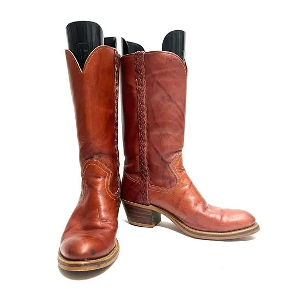 Vintage 1970s women’s warm brown marbled leather mid calf heeled campus boots