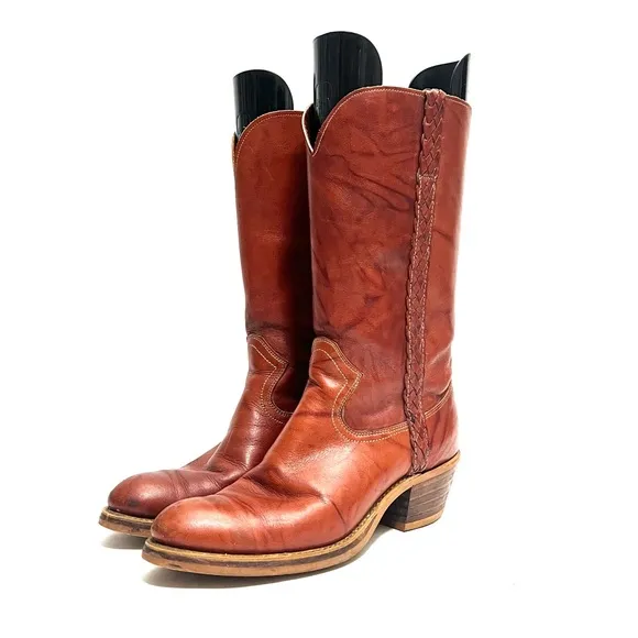 Vintage 1970s women’s warm brown marbled leather mid calf heeled campus boots