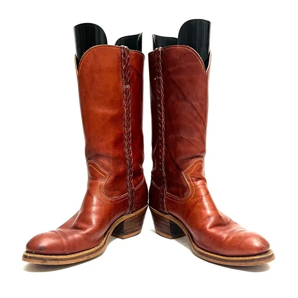 Vintage 1970s women’s warm brown marbled leather mid calf heeled campus boots