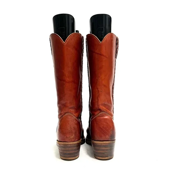 Vintage 1970s women’s warm brown marbled leather mid calf heeled campus boots
