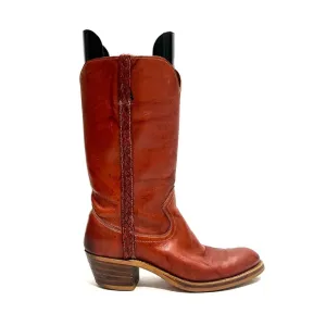 Vintage 1970s women’s warm brown marbled leather mid calf heeled campus boots