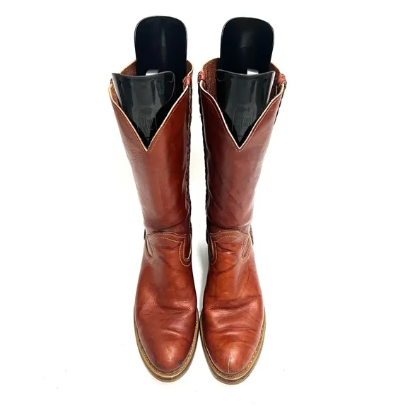 Vintage 1970s women’s warm brown marbled leather mid calf heeled campus boots
