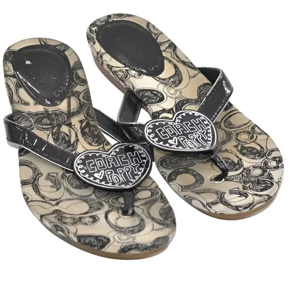 Vintage COACH Poppy Leather Canvas Black White T-Strap Thong Sandals Slides 6.5