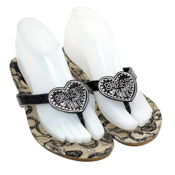 Vintage COACH Poppy Leather Canvas Black White T-Strap Thong Sandals Slides 6.5