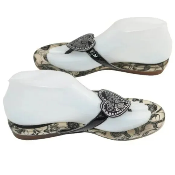 Vintage COACH Poppy Leather Canvas Black White T-Strap Thong Sandals Slides 6.5