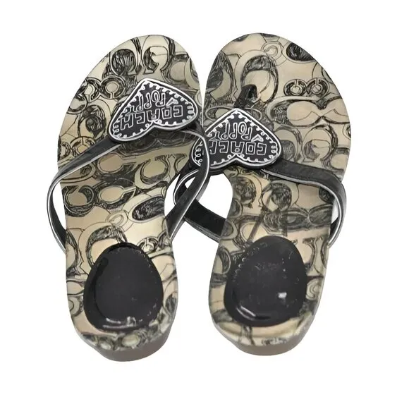 Vintage COACH Poppy Leather Canvas Black White T-Strap Thong Sandals Slides 6.5