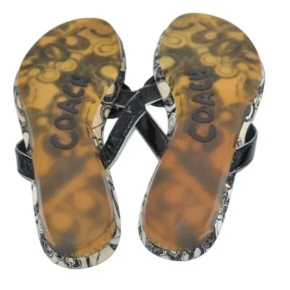 Vintage COACH Poppy Leather Canvas Black White T-Strap Thong Sandals Slides 6.5