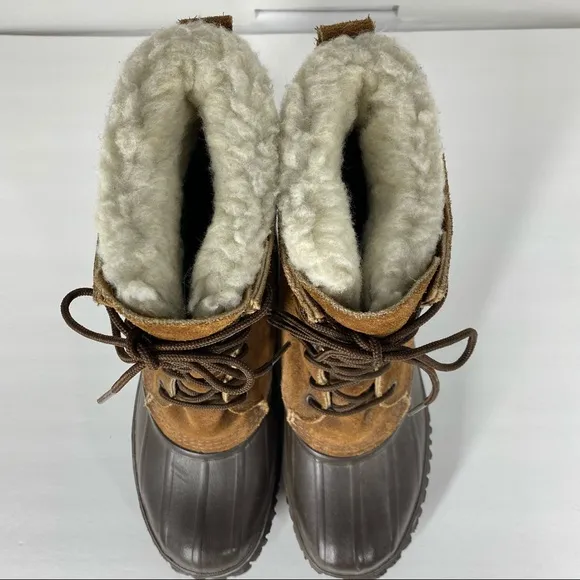Vintage Eddie Bauer Fiberglass Shank Wool Lined Duck Boots Tan Mens 8 Womens 8.5