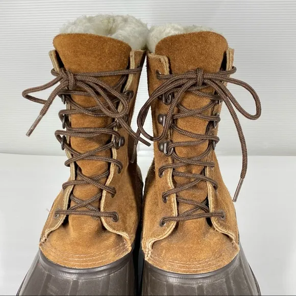 Vintage Eddie Bauer Fiberglass Shank Wool Lined Duck Boots Tan Mens 8 Womens 8.5