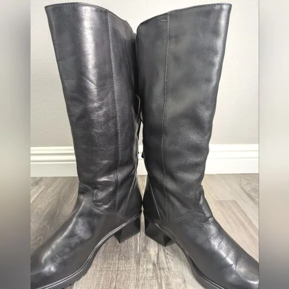 Vintage Siberian Husky black leather knee high insulated winter boots womens 8