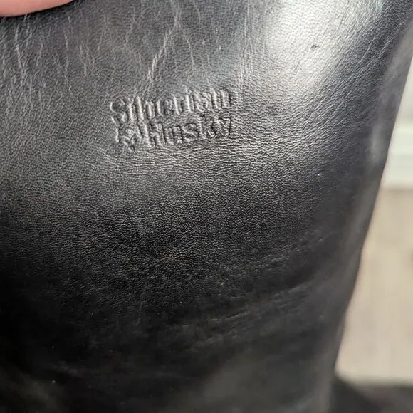 Vintage Siberian Husky black leather knee high insulated winter boots womens 8
