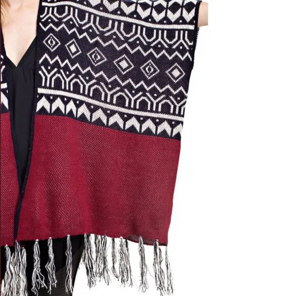 VOCAL Aztec Print Fringed Open Front Poncho Cardigan Sweater S-XL NWT