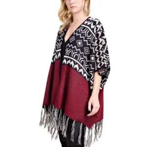 VOCAL Aztec Print Fringed Open Front Poncho Cardigan Sweater S-XL NWT