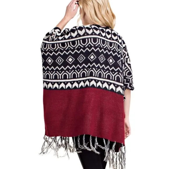 VOCAL Aztec Print Fringed Open Front Poncho Cardigan Sweater S-XL NWT