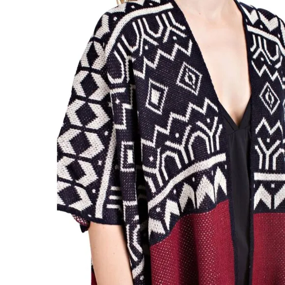 VOCAL Aztec Print Fringed Open Front Poncho Cardigan Sweater S-XL NWT