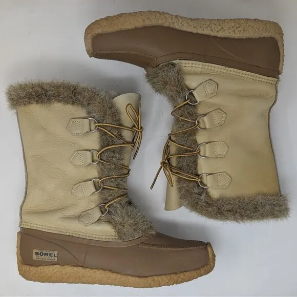 VTG Sorel Nanook Leather Insulated Winter Boots Women Size 10 Faux Fur Trim EUC