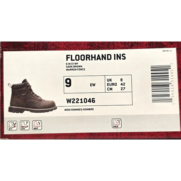 Wolverine Floorhand Mens Size 9EW Ins Steel-Toe 6&quot; Dark Brown Work Boots W221046