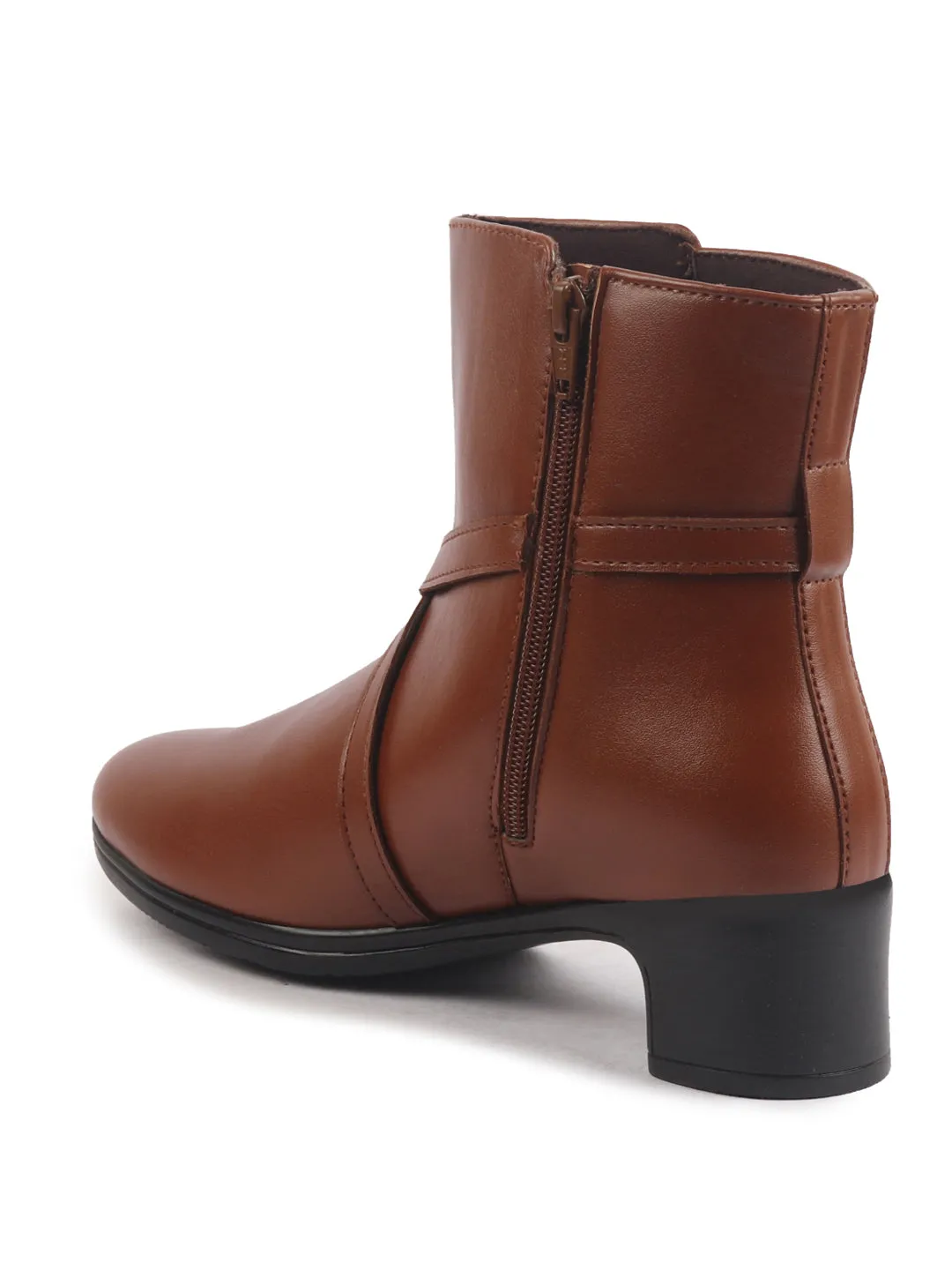Women Tan High Ankle Elegant Slip On Winter Boots|Flared Heel Casual Shoes for Work|Office