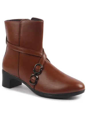 Women Tan High Ankle Elegant Slip On Winter Boots|Flared Heel Casual Shoes for Work|Office