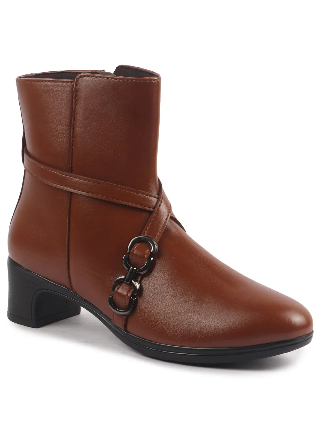 Women Tan High Ankle Elegant Slip On Winter Boots|Flared Heel Casual Shoes for Work|Office