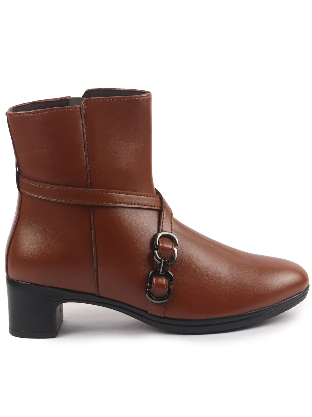 Women Tan High Ankle Elegant Slip On Winter Boots|Flared Heel Casual Shoes for Work|Office