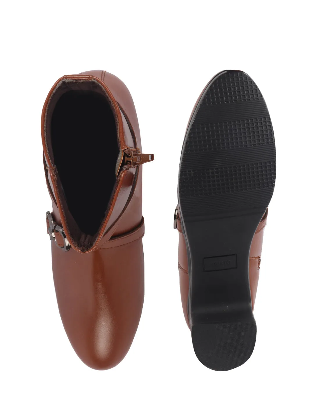 Women Tan High Ankle Elegant Slip On Winter Boots|Flared Heel Casual Shoes for Work|Office