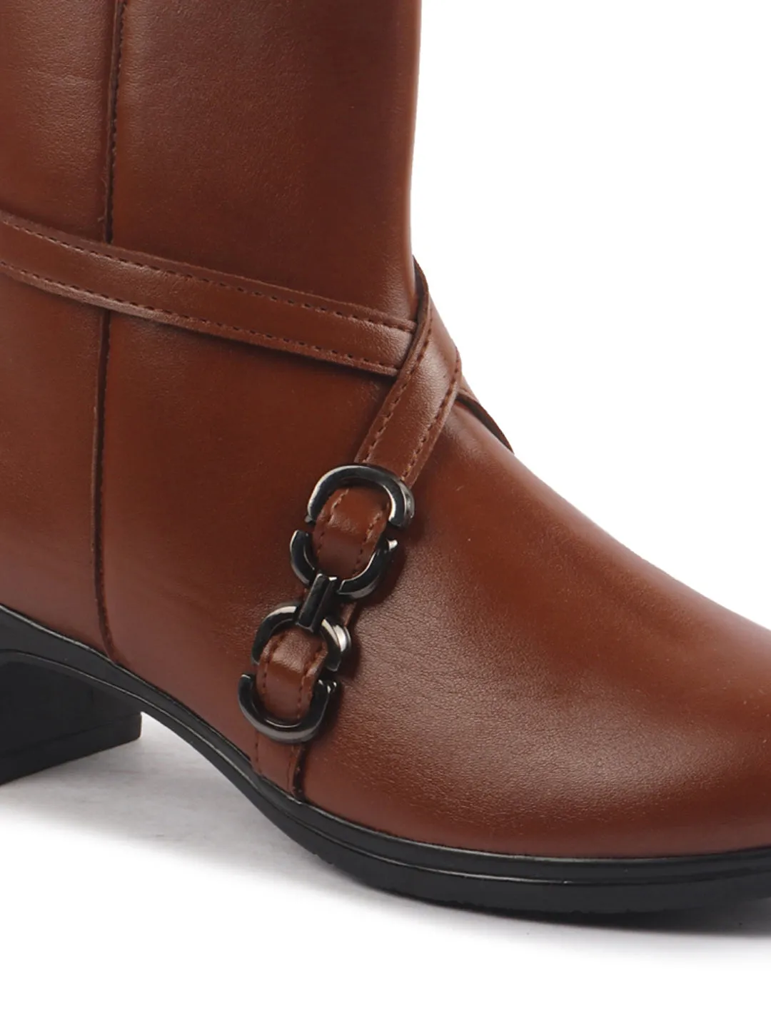 Women Tan High Ankle Elegant Slip On Winter Boots|Flared Heel Casual Shoes for Work|Office