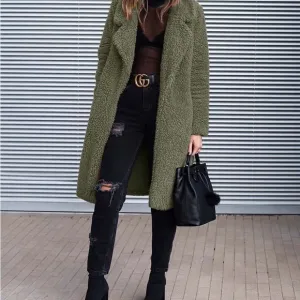 Women Teddy bear womens faux fur sherpa jacket oliveFaux fur material