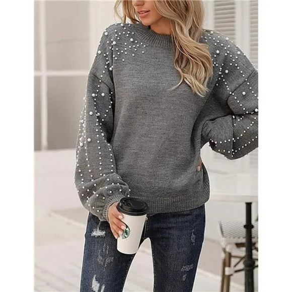 Women's Chunky Sweater Crewneck Sweatshirt Knit Lantern Sleeve Pullover w/ Pearl