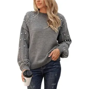 Women's Chunky Sweater Crewneck Sweatshirt Knit Lantern Sleeve Pullover w/ Pearl
