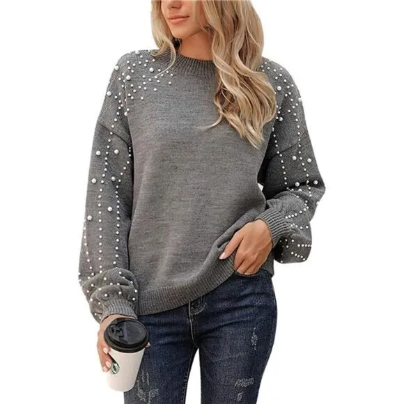 Women's Chunky Sweater Crewneck Sweatshirt Knit Lantern Sleeve Pullover w/ Pearl