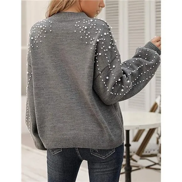 Women's Chunky Sweater Crewneck Sweatshirt Knit Lantern Sleeve Pullover w/ Pearl