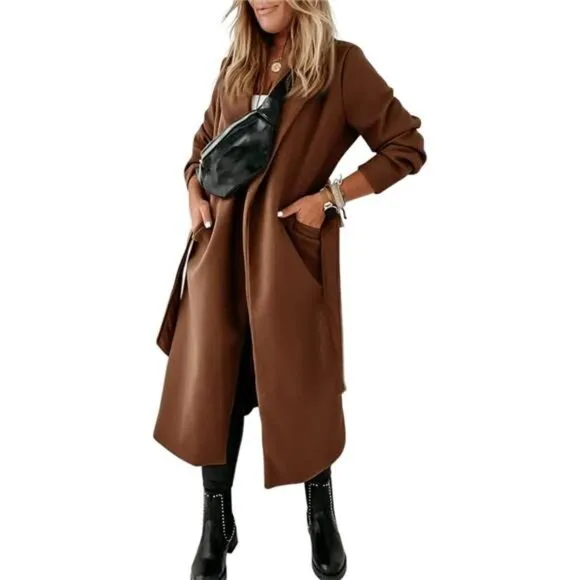 Womens Classic Coat Lapel Collar Open Front Belted Long Jacket