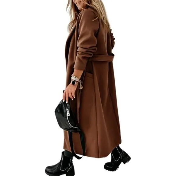 Womens Classic Coat Lapel Collar Open Front Belted Long Jacket