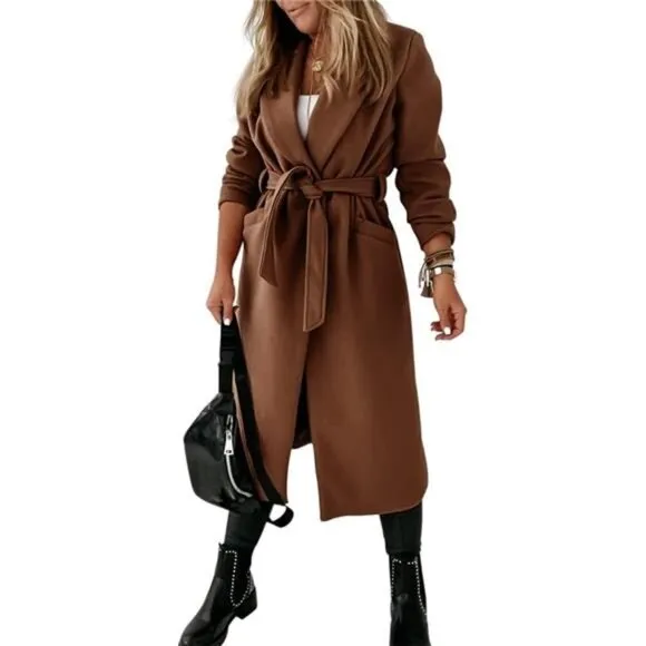 Womens Classic Coat Lapel Collar Open Front Belted Long Jacket
