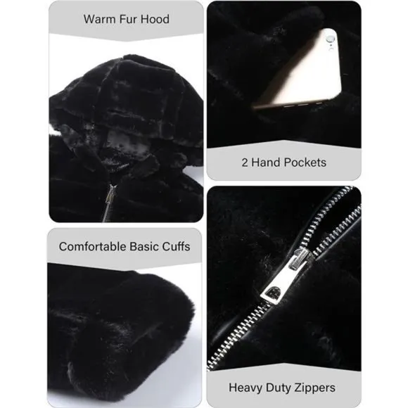 Women's Faux Fur Coat Fuzzy Shaggy Hood Sherpa-Lined Fleece Jacket