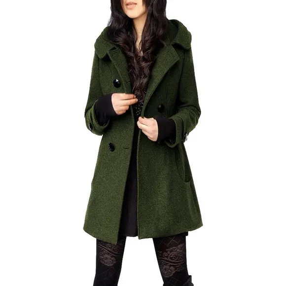 ✨Women's Green Warm Double Breasted Wool Pea Coat Trench Coat with Hood Jacket