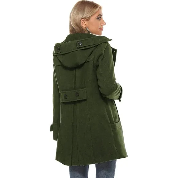 ✨Women's Green Warm Double Breasted Wool Pea Coat Trench Coat with Hood Jacket
