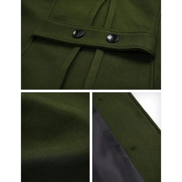 ✨Women's Green Warm Double Breasted Wool Pea Coat Trench Coat with Hood Jacket