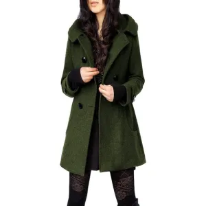 ✨Women's Green Warm Double Breasted Wool Pea Coat Trench Coat with Hood Jacket