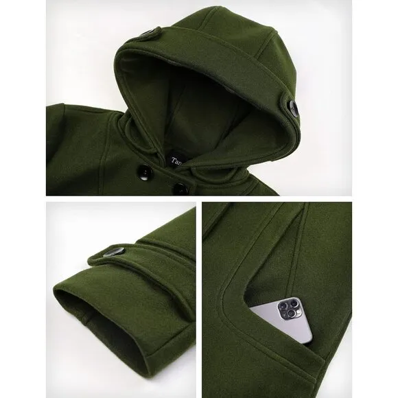 ✨Women's Green Warm Double Breasted Wool Pea Coat Trench Coat with Hood Jacket
