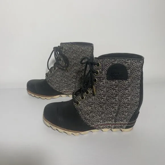 Women’s Sorel NL2265 Lexie Black Leather Wedge Winter Snow Ankle Boots Size 8