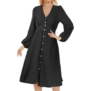 𝅺WOMEN'S Split Deep V Midi Dress with Pockets Ls &amp; Black